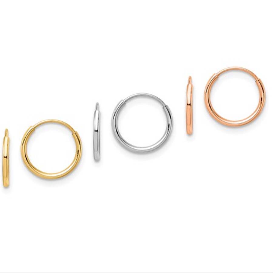 14K Tri Color 3-Pair Hoop Earrings Set Approx .50in X .50in