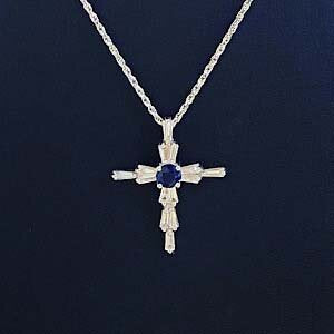 14kt White Gold Baguette Diamond & Blue Sapphire Cross