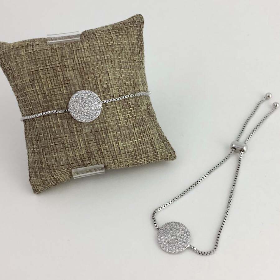 Silver Plated Round Disc CZ Pull Bracelet