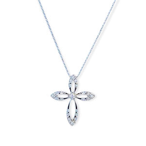 14kt White Gold  Filigree Cross .30ctw Diamond approx 1.25in x 1.25in 18" Rope Chain