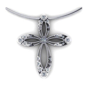 14kt White Gold  Filigree Cross .30ctw Diamond approx 1.25in x 1.25in 18" Rope Chain