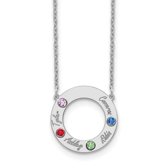 Sterling Silver  Name Cutout Circle Necklace With Birthstones