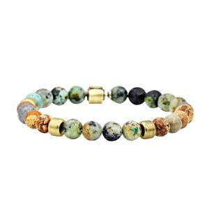 Mens Genuine African Turqiose And Jasper Gold Plated Stainless Steel Beaded Bracelet