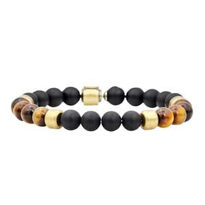 Mens Genuine Onyx And Tiger Eye Gold Plated Bracelet