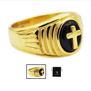 Mens Onyx And Gold Plated Stainless Steel Cross Ring