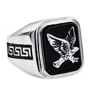 Mens Onyx And Stainless Steel Eagle Ring