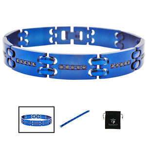 Mens Blue Stainless Steel Bracelet With Black Cubic Zirconia 12mm Width 8.5in long
