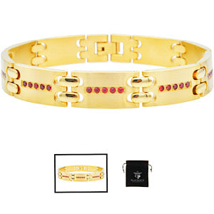 Mens Gold Stainless Steel Bracelet With Red Cubic Zirconia 12mm Width 8.5in Long