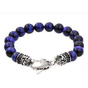 Mens Genuine Blue Tiger Eye Stainless Steel Beaded Bracelet With Black Cubic Zirconia