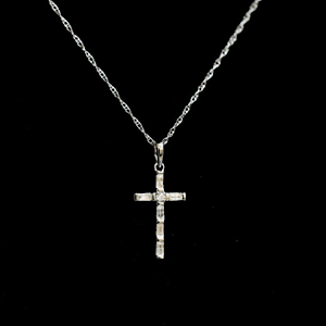 10kt White Gold Baguette & Round Diamond Cross Approx .75in Long on a 18" Chain