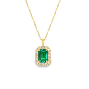 14k YG 0.20ctw Lab Diamond Apx. 0.69ct CTR Lab Grown Emerald Halo Pendant w/chain w/EGL
