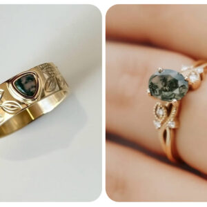 Moss Agate Gemstone His and Her Rings