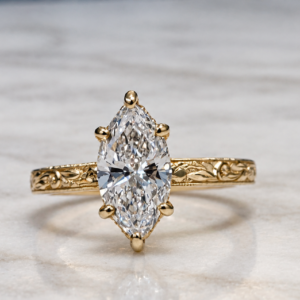 1.50ct Marquise Shape Lab Grown Diamond On a 14kt Yellow Gold Filigree Ring
